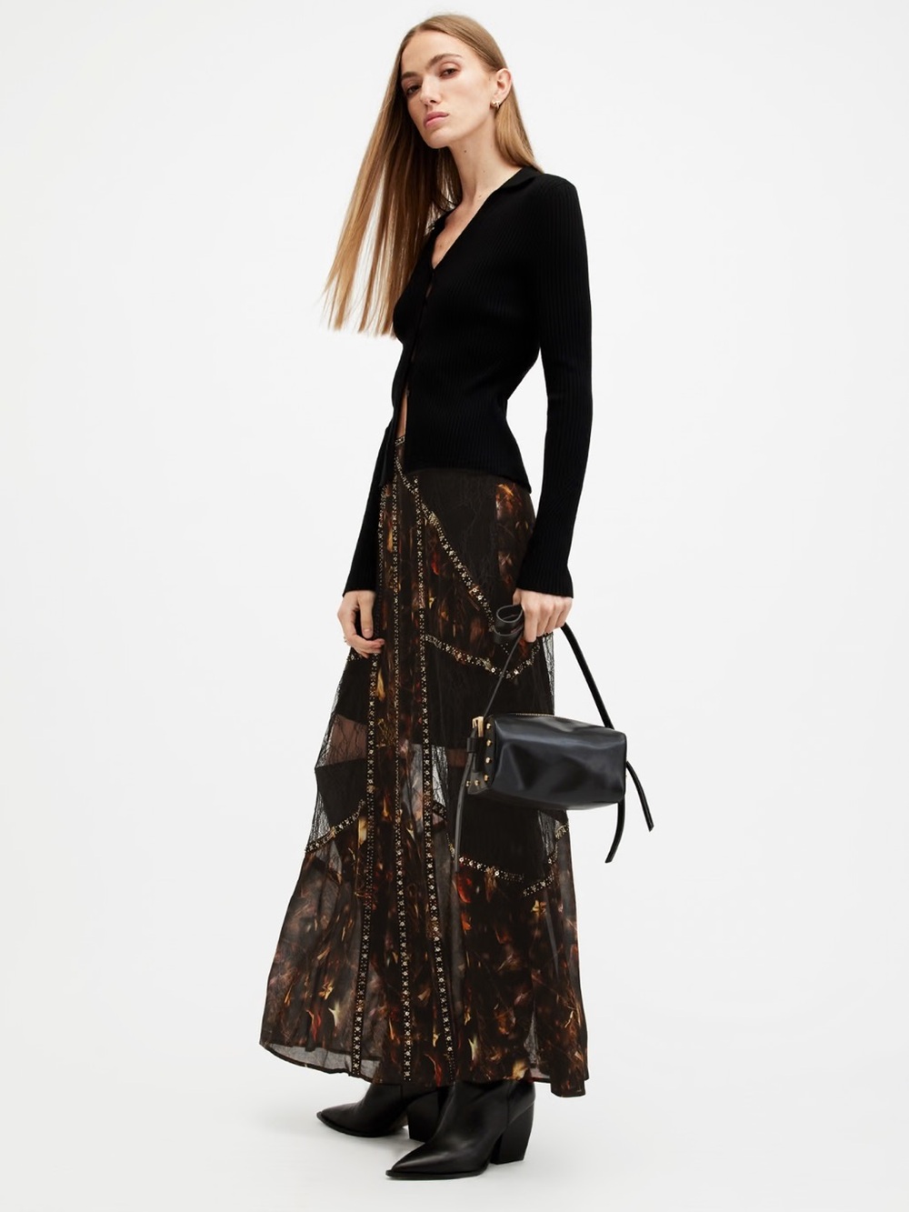 AllSaints Black Maxi Skirt with Brown Flame Print